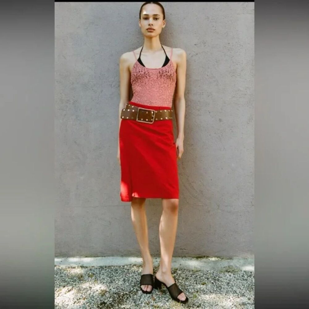 Red Zara Asymmetrical Hem Side Slit Midi Skirt (NWT)